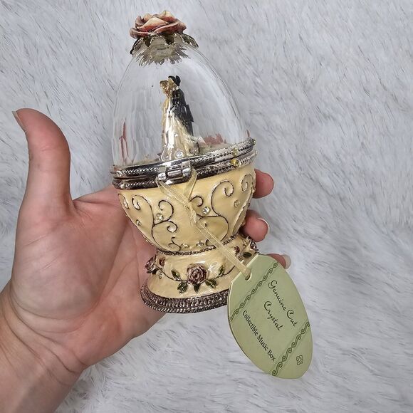 Enamel on Metal Cut Crystal Jeweled Egg Shaped Music Box Bride And Groom Gift - Picture 5 of 10